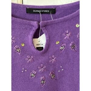 Dunnes Stores Royal Lilac Beaded Tunic Sweater Purple Floral EmbroideryNWT 14-16